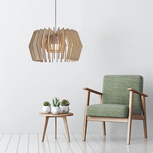 Wooden pendant light in white room with green armchair ceffee table and three wases | Equi lamp by Woolights